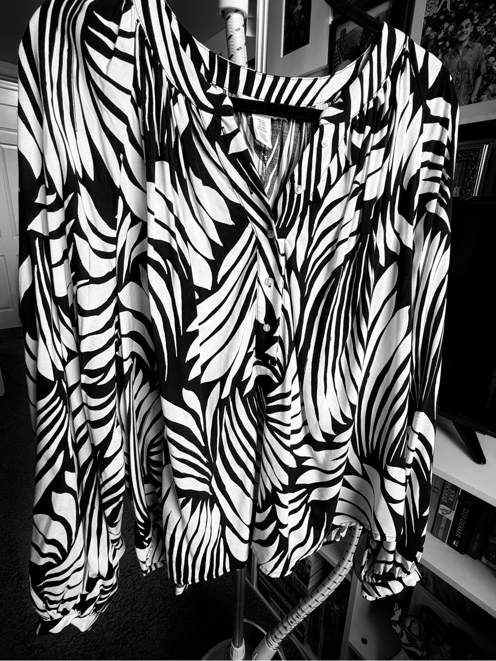 H&M Black and Off White Zebra Print Button-Front Shirt